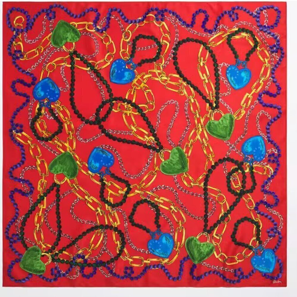 Bimba y Lola Silk Scarf Heart Chain Red Statement Square - Picture 2 of 4